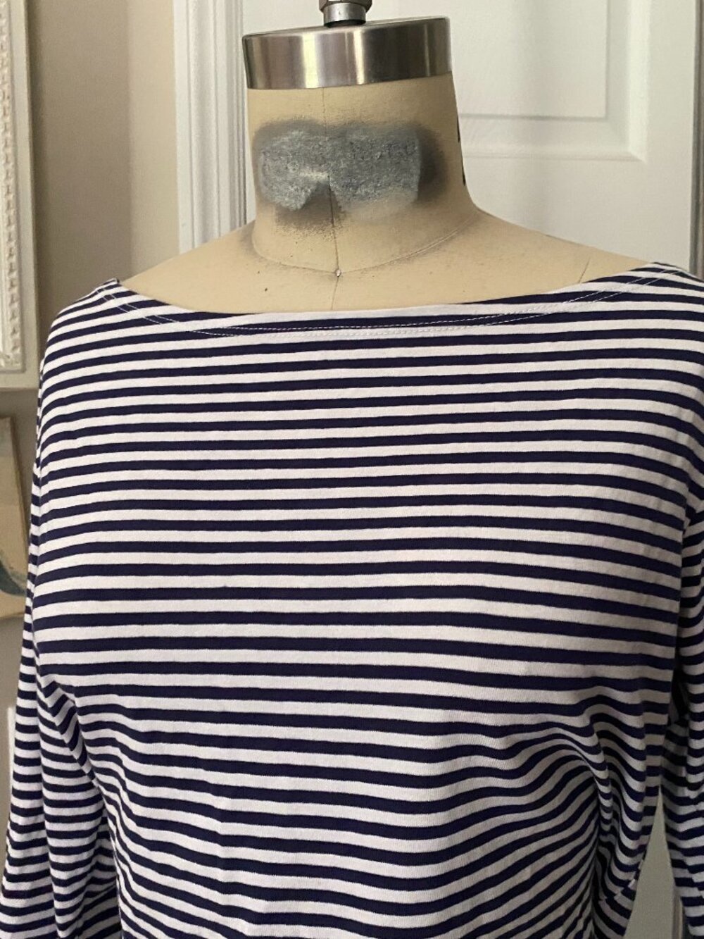 H&M Blue White striped NAUTICAL classic BOATNECK 3/4 T-Shirt *LARGE* - Picture 2 of 5